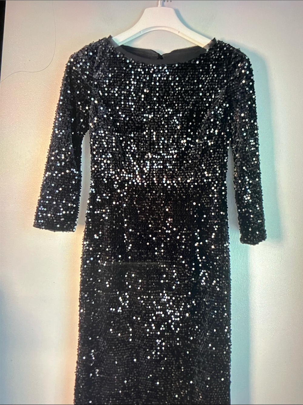 Eliza J Black Sequin Boatneck Mini Dress with Three-Quarter Sleeves